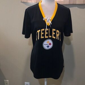 NFL Team Apparel Women’s PITTSBURGH STEELERS V-Neck Tie Front Jersey Shirt-XL